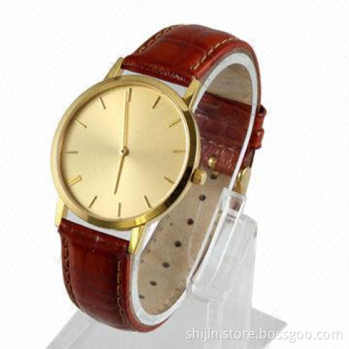 Ultrathin stainless steel water-resistant watch with red genuine leather band